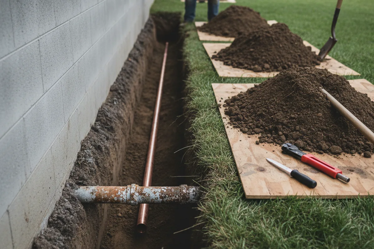 Excavated water line trench during Sewer Line Repair in Coweta